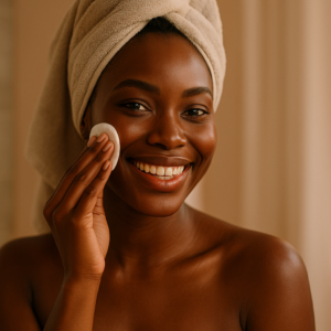 Beautiful dark-skinned woman smiling while applying Zoriel vegan skincare with a cotton pad in a warm spa bathroom setting.